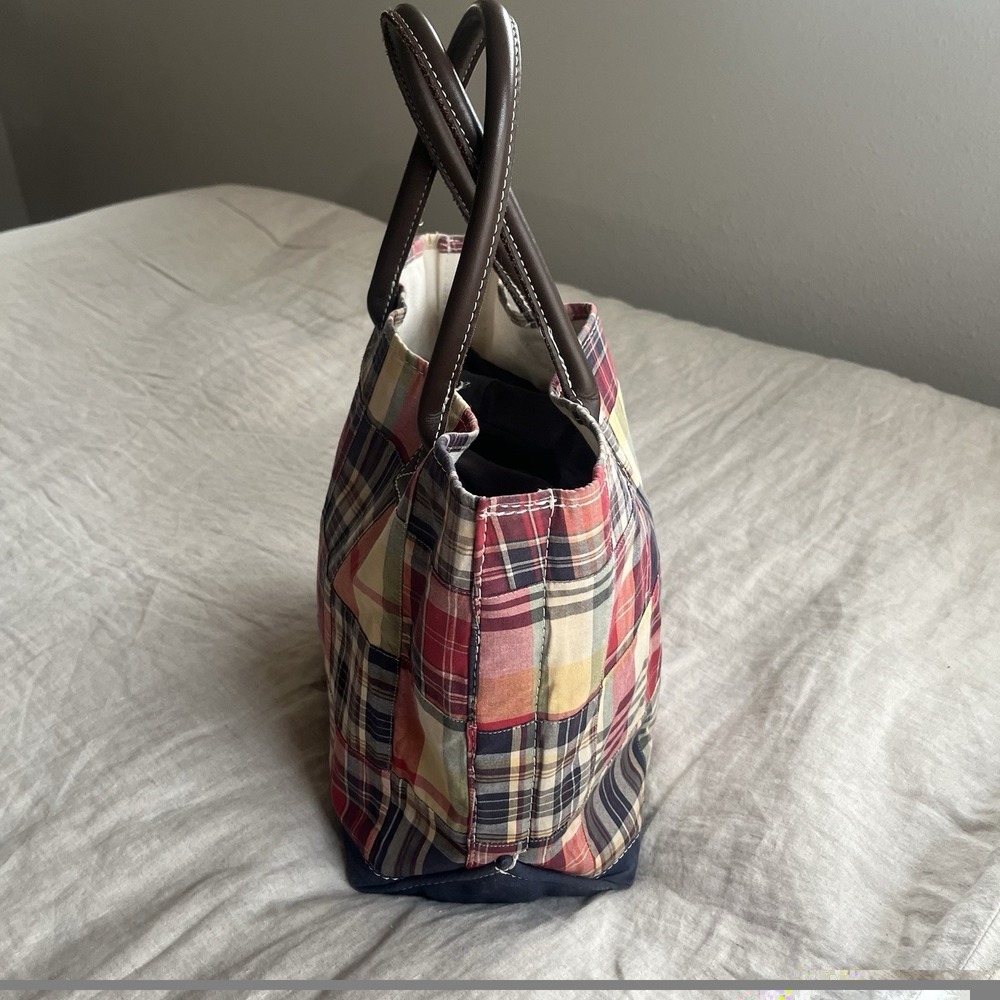 Vintage L.L. Bean Plaid Patchwork Leather Handle Tote Canvas - Picture 2 of 9